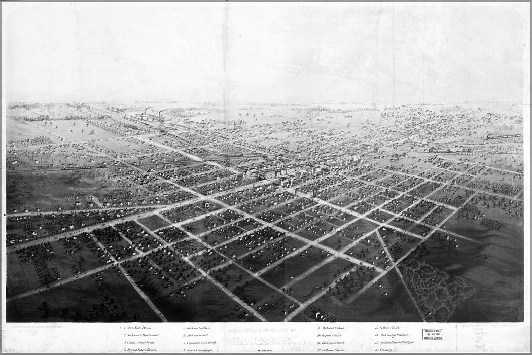 24"x36" Gallery Poster, birdseye view map of Jackson, Michigan 1868