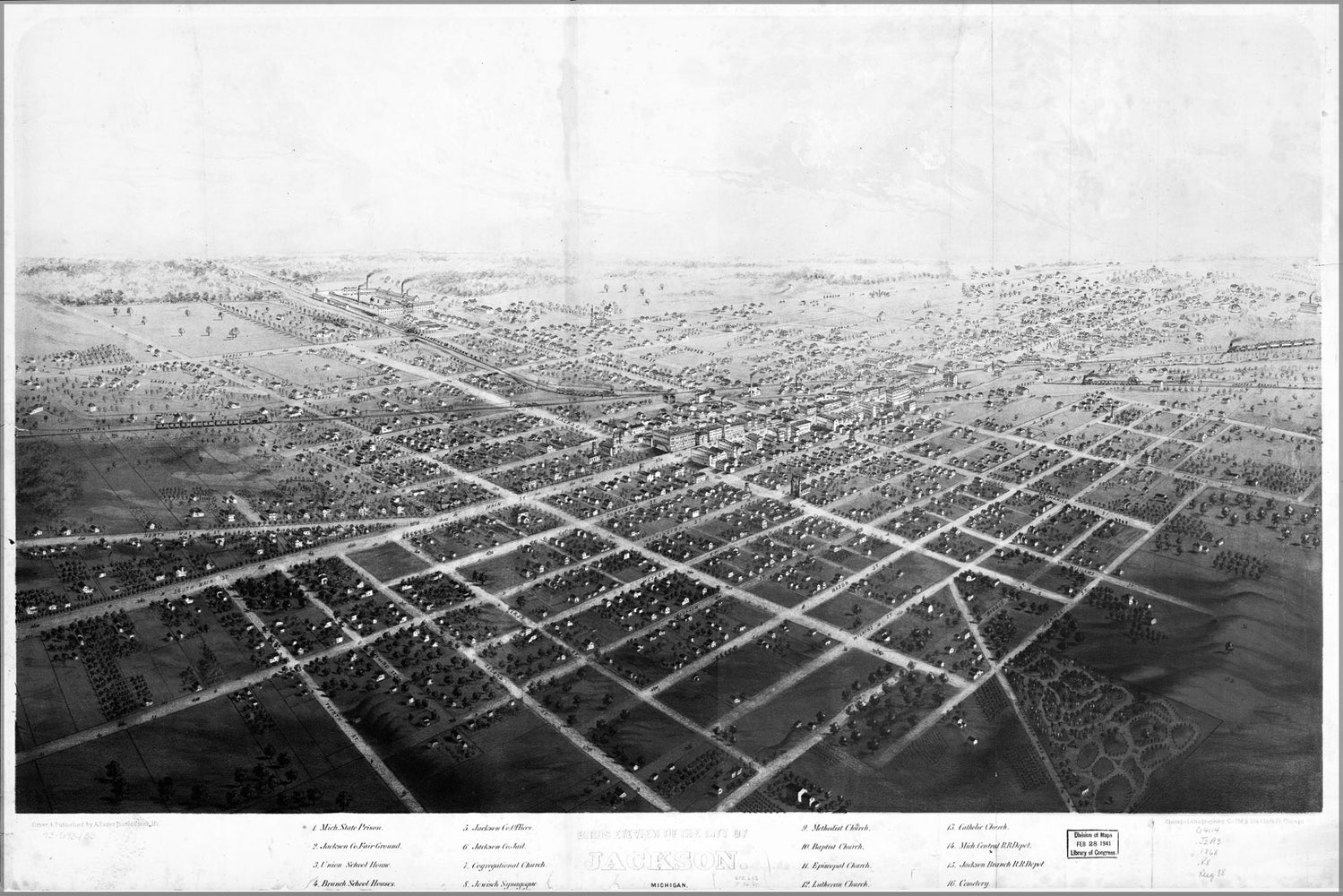 24"x36" Gallery Poster, birdseye view map of Jackson, Michigan 1868