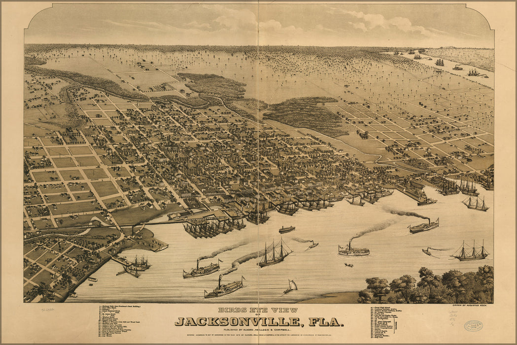 24"x36" Gallery Poster, birdseye view map of Jacksonville, Florida 1876