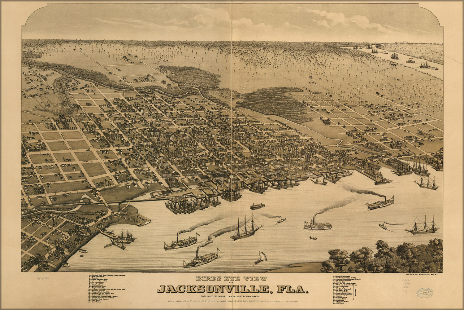 24"x36" Gallery Poster, birdseye view map of Jacksonville, Florida 1876