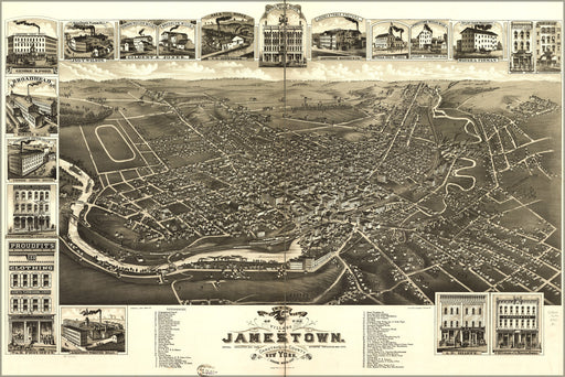 24"x36" Gallery Poster, birdseye view map of Jamestown Chautauqua Co New York 1882