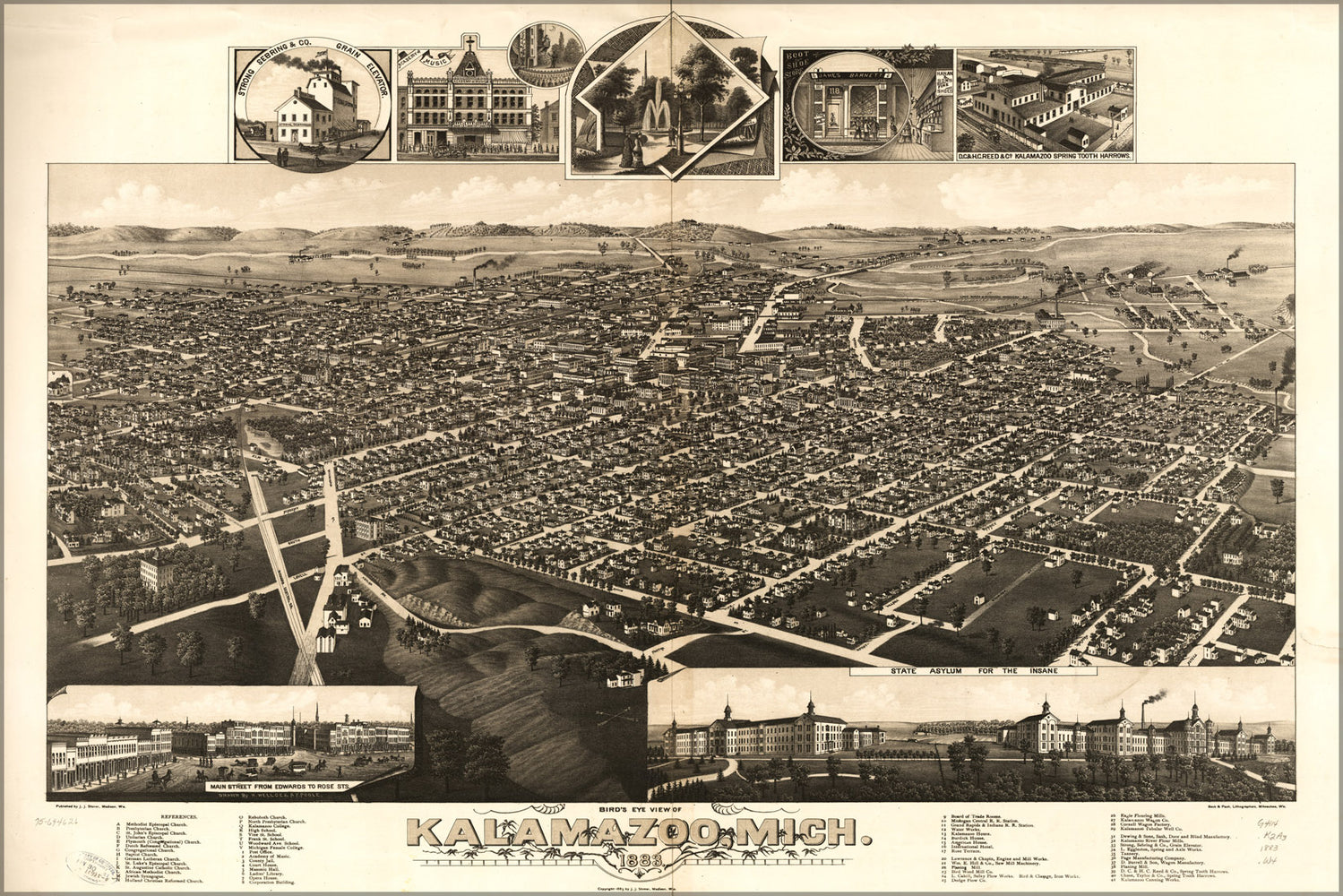 24"x36" Gallery Poster, birdseye view map of Kalamazoo, Michigan 1883