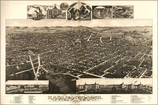 24"x36" Gallery Poster, birdseye view map of Kalamazoo, Michigan 1883