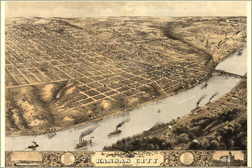 24"x36" Gallery Poster, birdseye view map of Kansas City, Missouri 1869