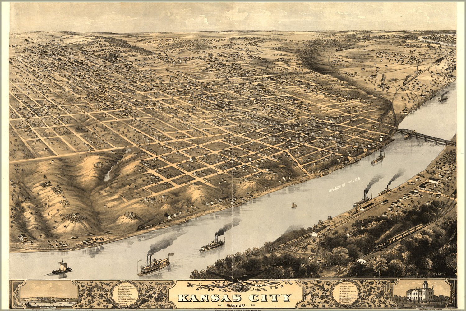 24"x36" Gallery Poster, birdseye view map of Kansas City, Missouri 1869