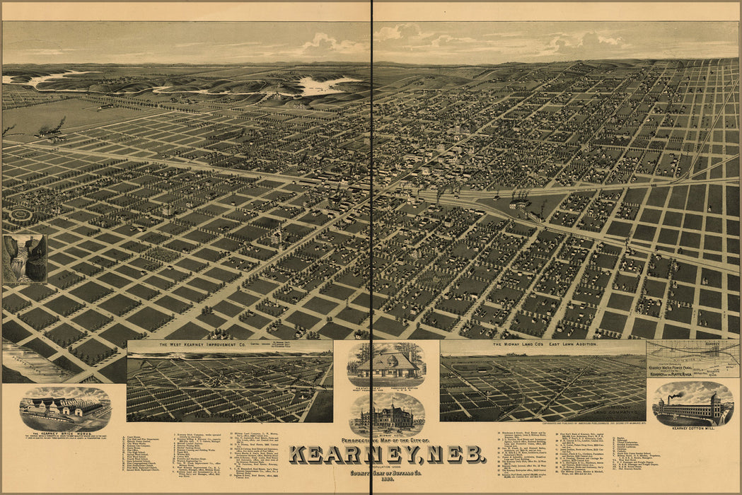 24"x36" Gallery Poster, birdseye view map of Kearney, Nebraska 1889
