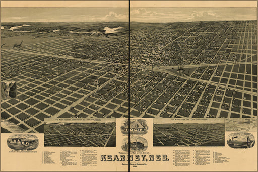 24"x36" Gallery Poster, birdseye view map of Kearney, Nebraska 1889