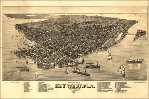 24"x36" Gallery Poster, birdseye view map of Key West, Florida  1884