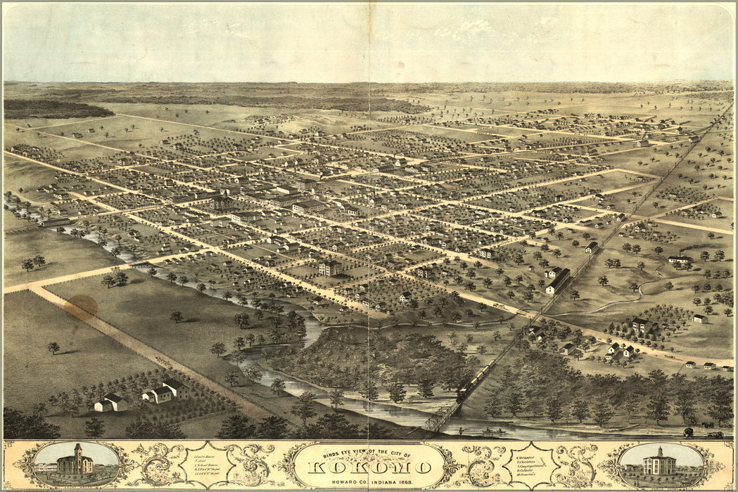 24"x36" Gallery Poster, birdseye view map of Kokomo, Indiana 1868