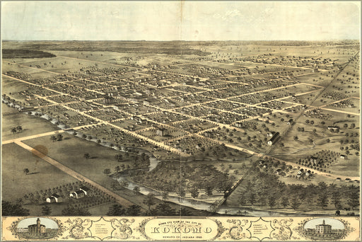 24"x36" Gallery Poster, birdseye view map of Kokomo, Indiana 1868