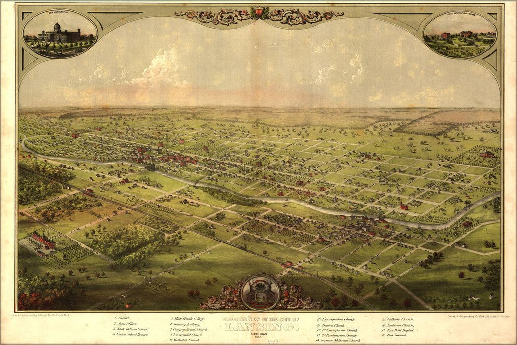 24"x36" Gallery Poster, birdseye view map of Lansing, Michigan 1866