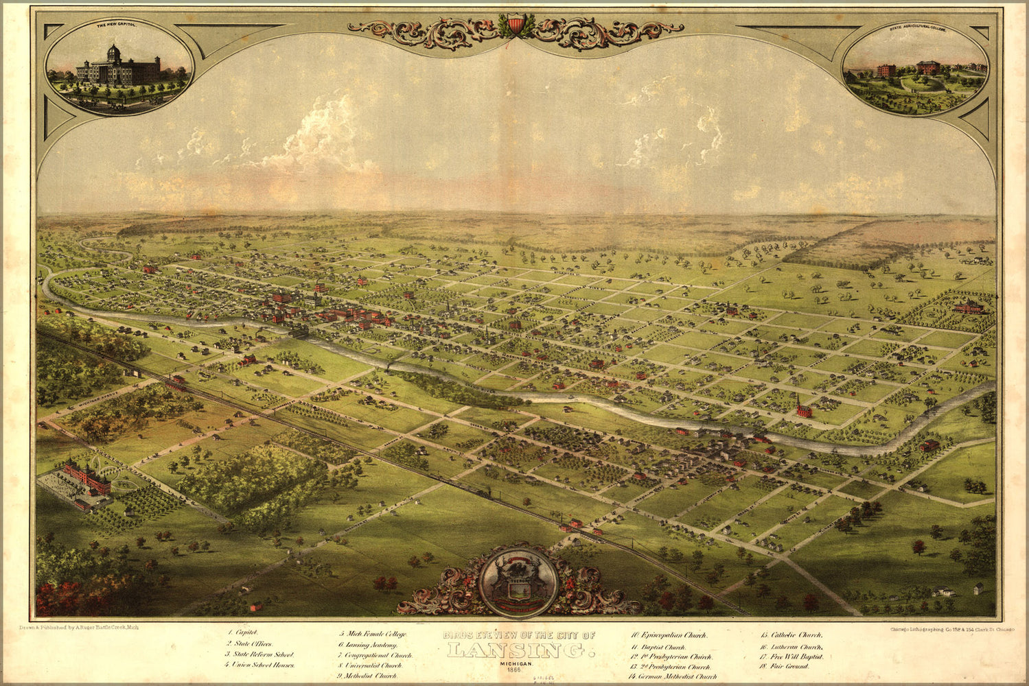 24"x36" Gallery Poster, birdseye view map of Lansing, Michigan 1866