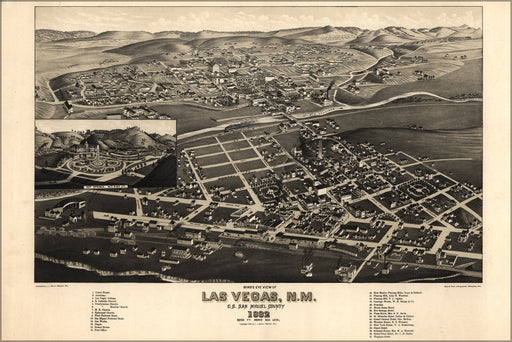 24"x36" Gallery Poster, birdseye view map of Las Vegas, New mexico 1882