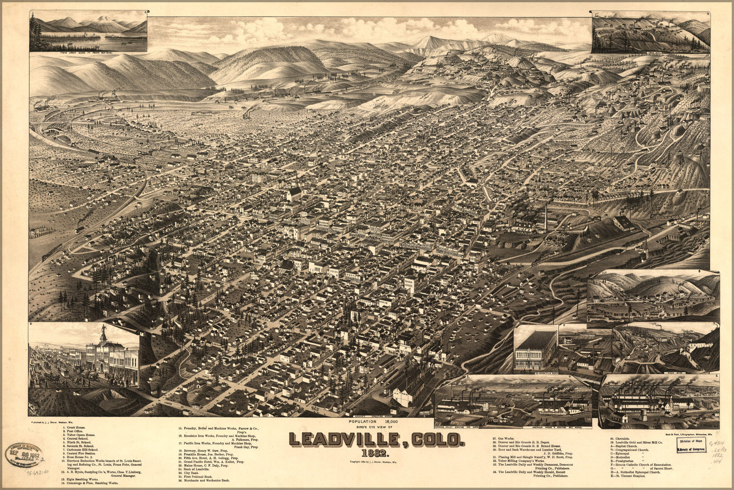 24"x36" Gallery Poster, birdseye view map of Leadville, Colorado 1882