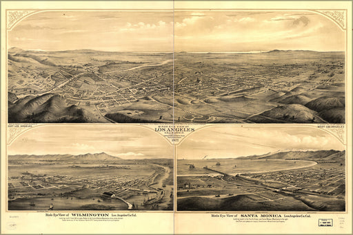 24"x36" Gallery Poster, birdseye view map of Los Angeles, California 1877
