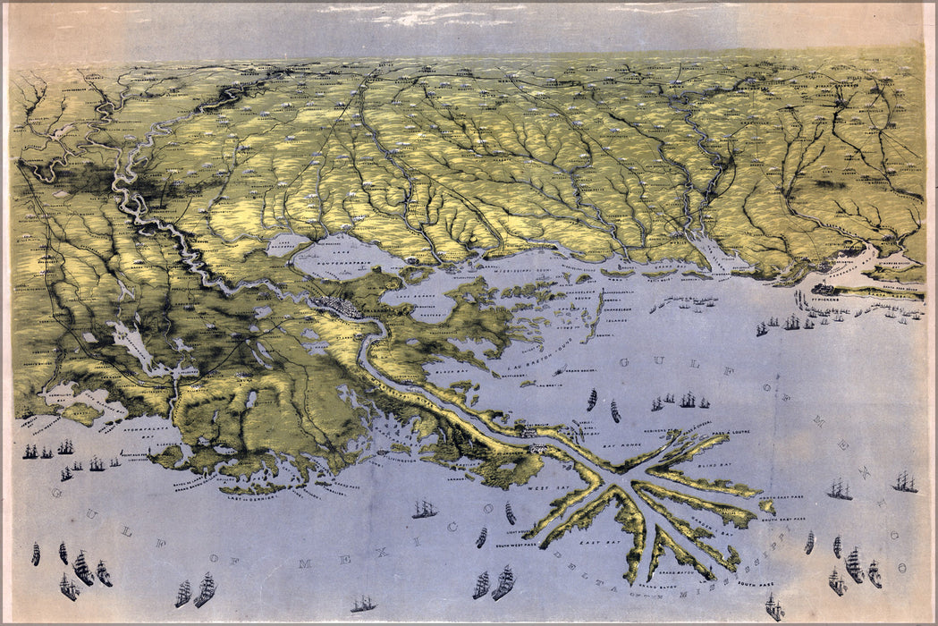 24"x36" Gallery Poster, birdseye view map of Louisiana, Mississippi, Alabama and part of Florida 1861
