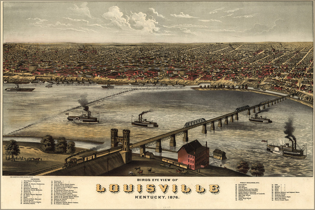 24"x36" Gallery Poster, birdseye view map of Louisville, Kentucky 1876