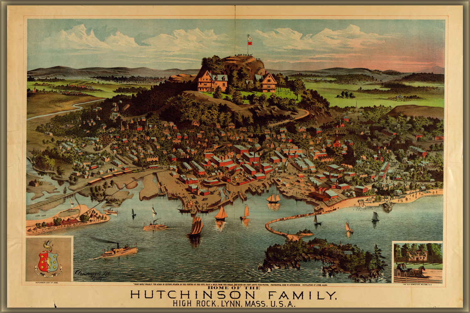 24"x36" Gallery Poster, birdseye view map of Lynn Massachusetts 1881