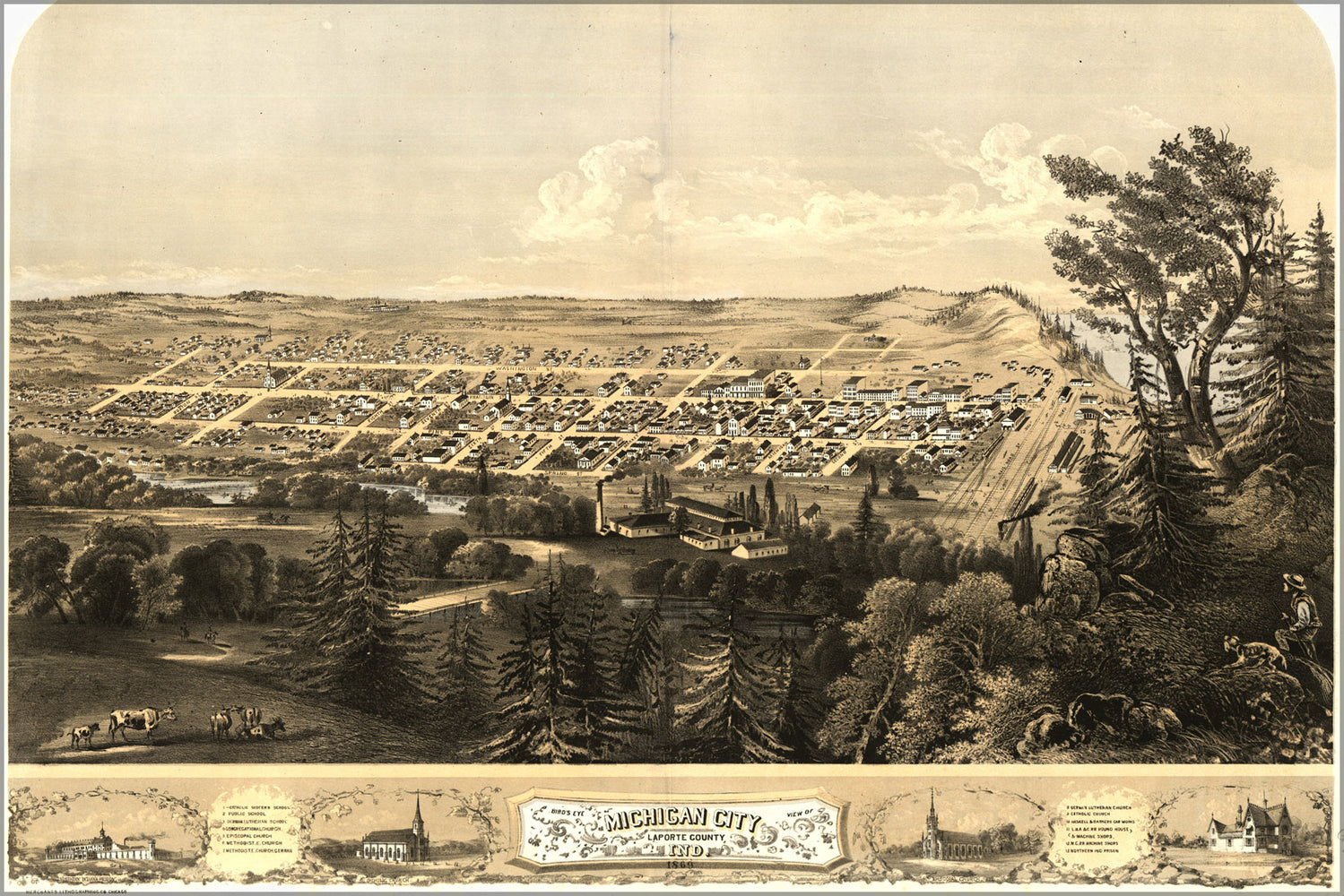 24"x36" Gallery Poster, birdseye view map of Michigan City, LaPorte Co, Indiana 1869 P2