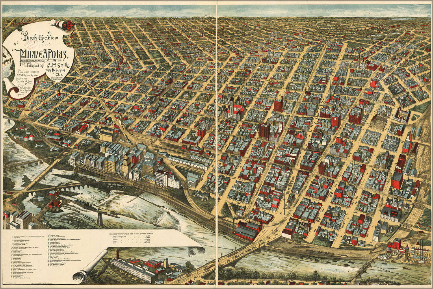 24"x36" Gallery Poster, birdseye view map of Minneapolis, Minnesota 1891