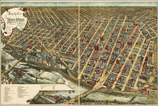 24"x36" Gallery Poster, birdseye view map of Minneapolis, Minnesota 1891