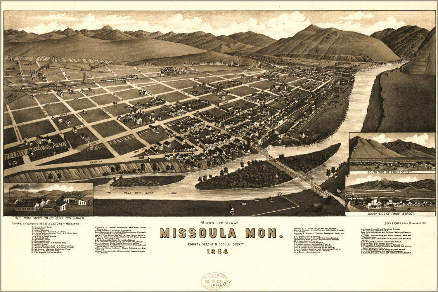 24"x36" Gallery Poster, birdseye view map of Missoula, Montana 1884