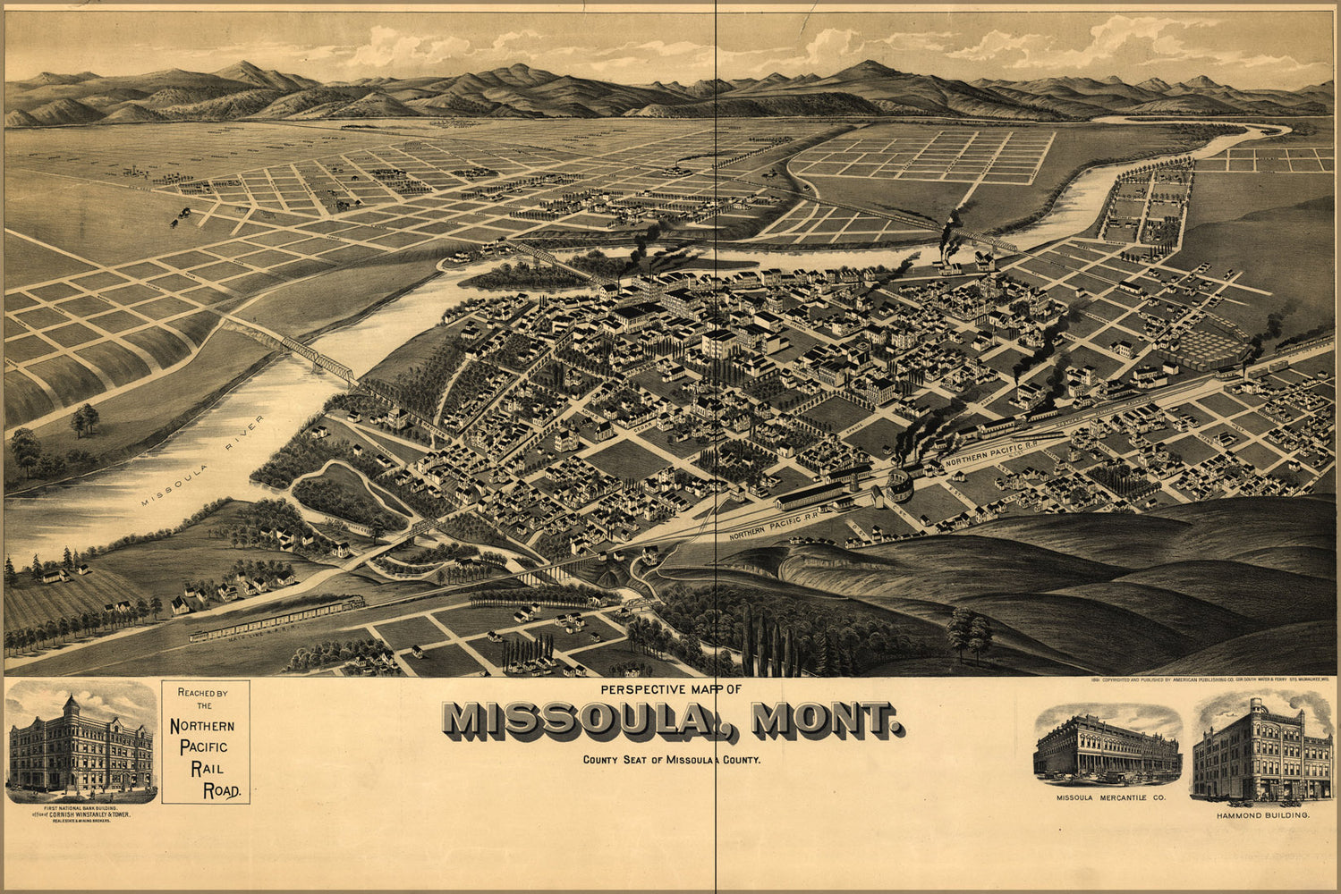 24"x36" Gallery Poster, birdseye view map of Missoula montana 1891