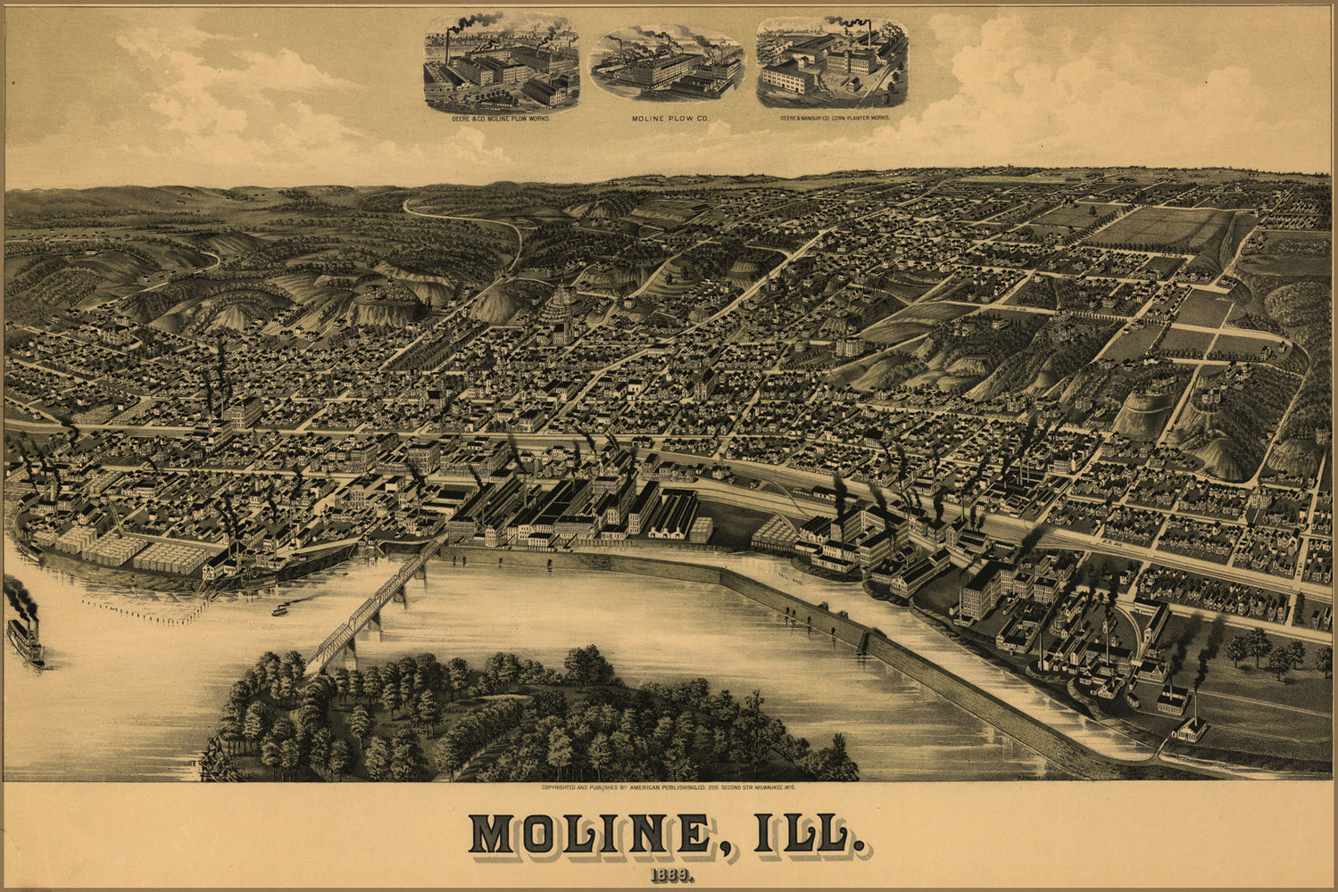 24"x36" Gallery Poster, birdseye view map of Moline, Illinois 1889