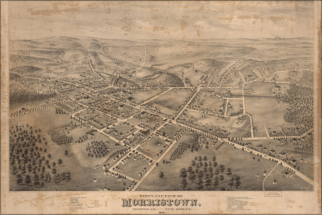 24"x36" Gallery Poster, birdseye view map of Morristown, New Jersey 1876