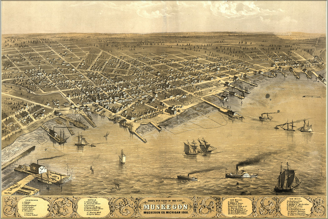 24"x36" Gallery Poster, birdseye view map of Muskegon, Michigan 1868