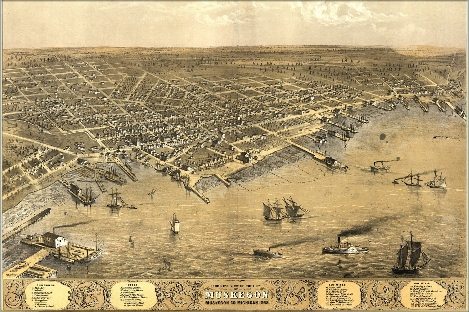 24"x36" Gallery Poster, birdseye view map of Muskegon, Michigan 1868