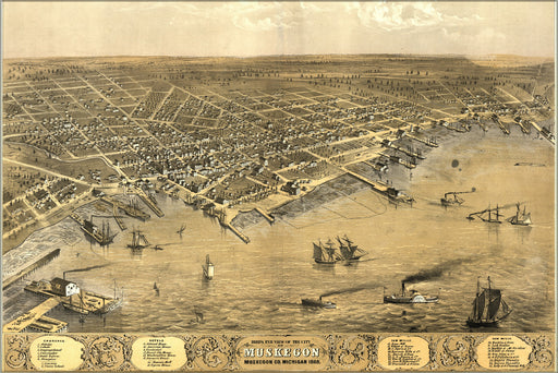 24"x36" Gallery Poster, birdseye view map of Muskegon, Michigan 1868