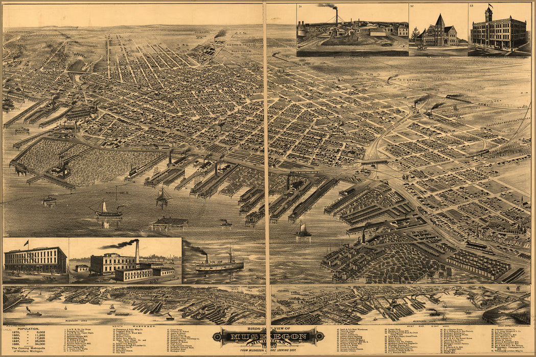 24"x36" Gallery Poster, birdseye view map of Muskegon, Michigan 1889