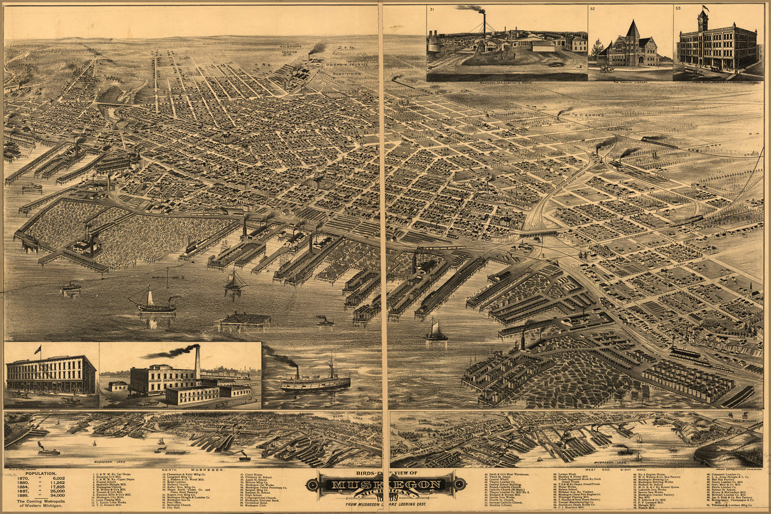24"x36" Gallery Poster, birdseye view map of Muskegon, Michigan 1889