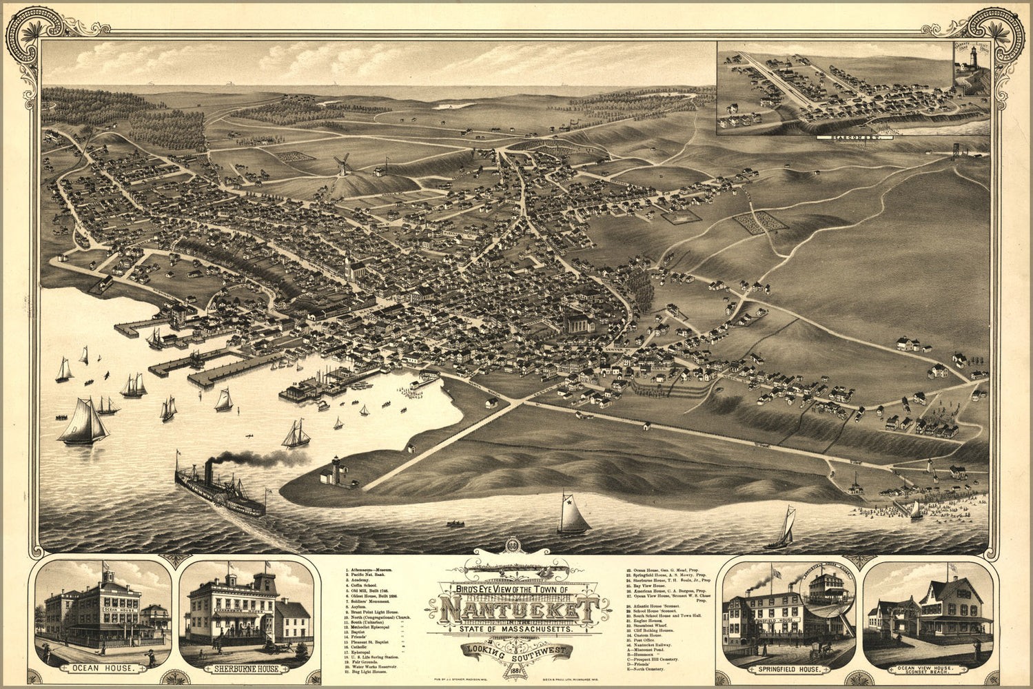 24"x36" Gallery Poster, birdseye view map of Nantucket Massachusetts 1881