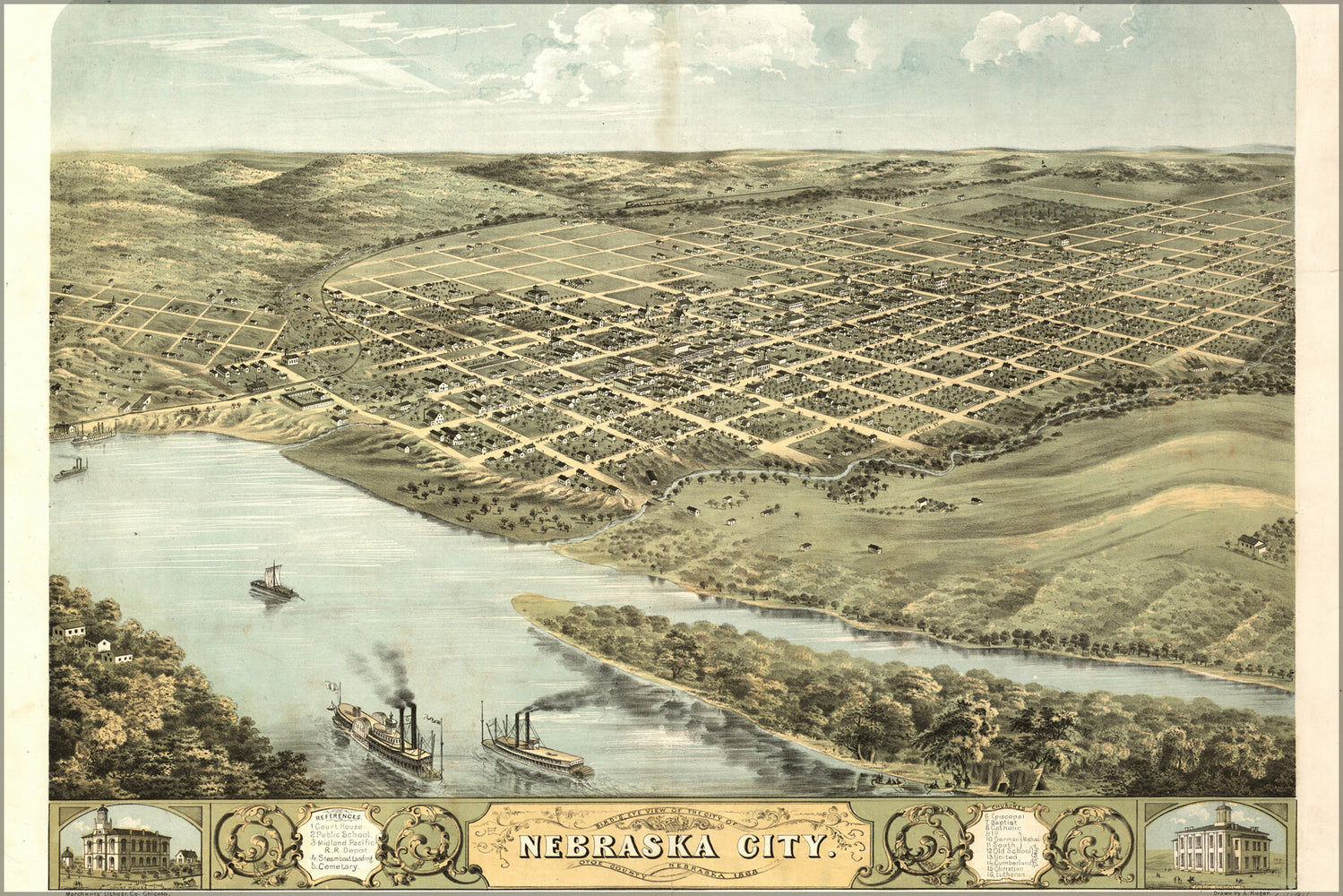 24"x36" Gallery Poster, birdseye view map of Nebraska City, Nebraska 1868