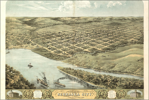 24"x36" Gallery Poster, birdseye view map of Nebraska City, Nebraska 1868