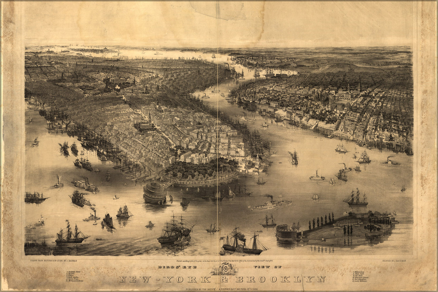 24"x36" Gallery Poster, birdseye view map of New York city & Brooklyn 1851