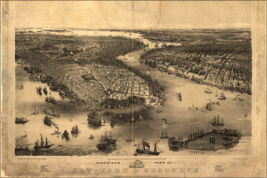 24"x36" Gallery Poster, birdseye view map of New York city & Brooklyn 1851