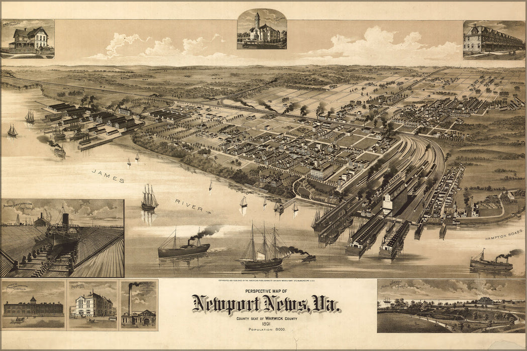 24"x36" Gallery Poster, birdseye view map of Newport News, Virginia 1891