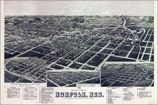 24"x36" Gallery Poster, birdseye view map of Norfolk, Nebraska 1889