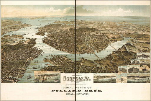 24"x36" Gallery Poster, birdseye view map of Norfolk virginia 1892