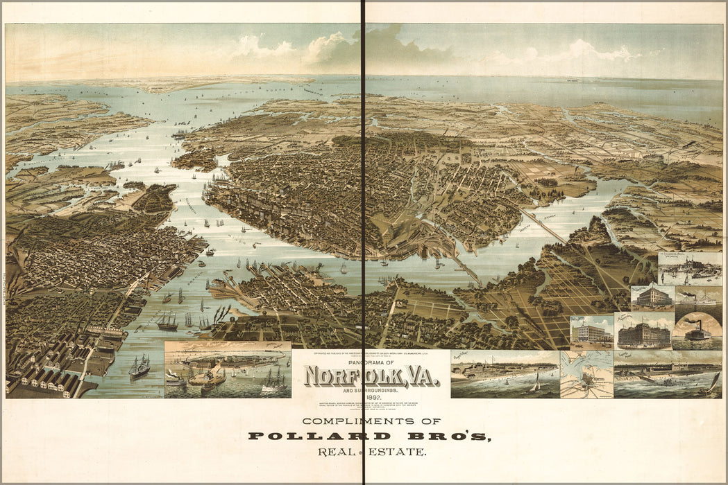 24"x36" Gallery Poster, birdseye view map of Norfolk virginia 1892
