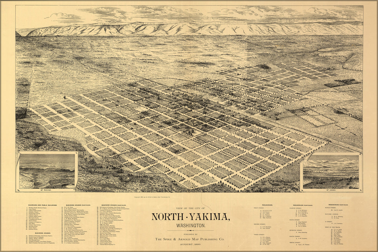 24"x36" Gallery Poster, birdseye view map of North Yakima, Washington 1889