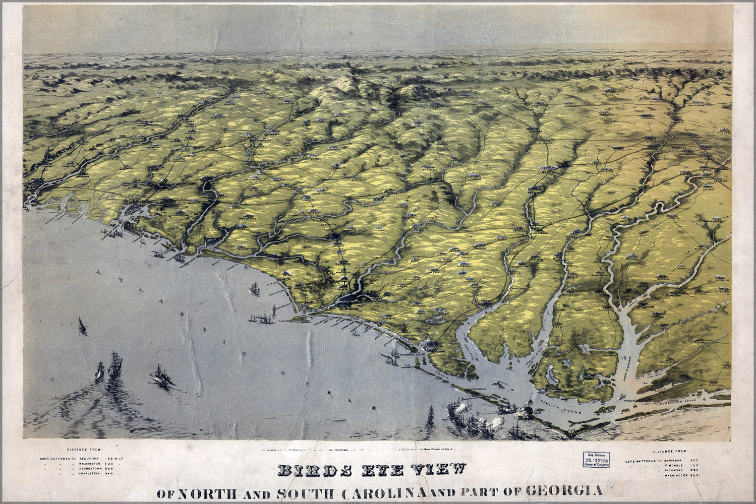 24"x36" Gallery Poster, birdseye view map of North and South Carolina and part of Georgia 1861