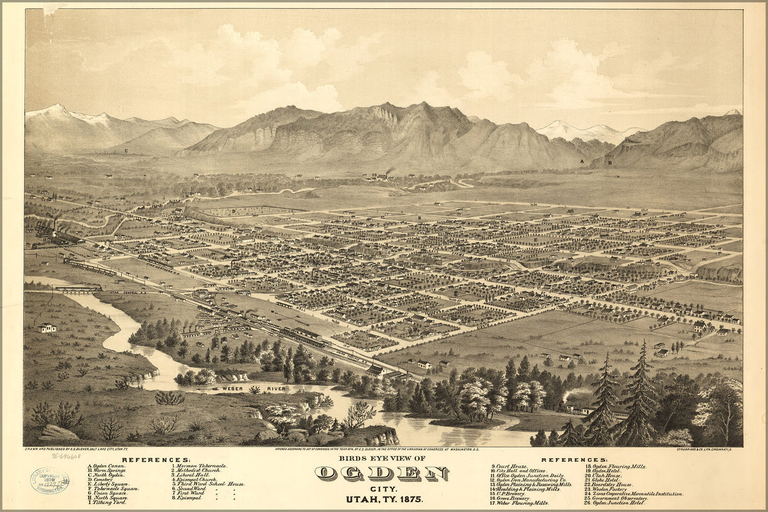 24"x36" Gallery Poster, birdseye view map of Ogden City, Utah Territory 1875