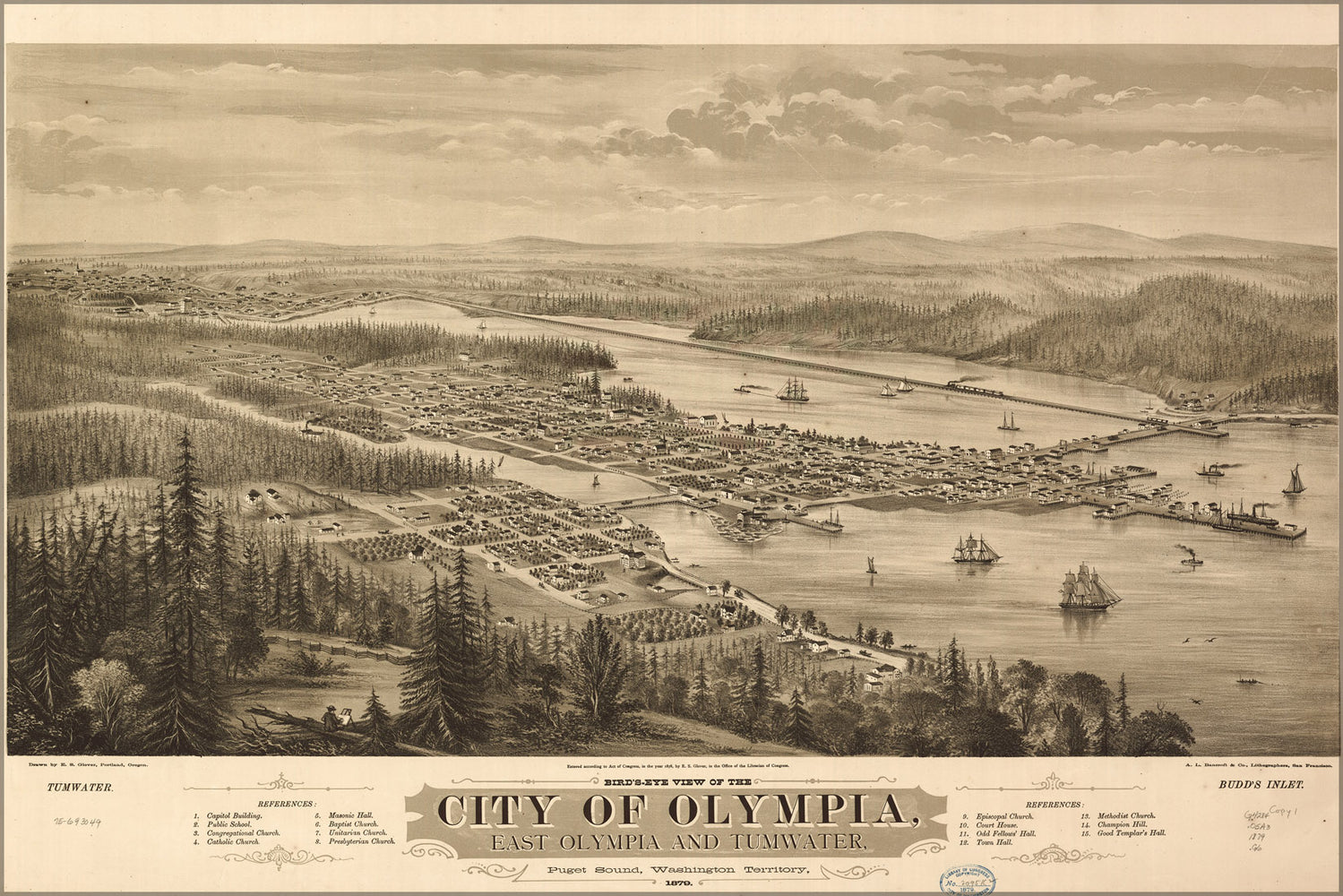 24"x36" Gallery Poster, birdseye view map of Olympia, Puget Sound, Washington Territory, 1879