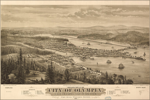 24"x36" Gallery Poster, birdseye view map of Olympia, Puget Sound, Washington Territory, 1879