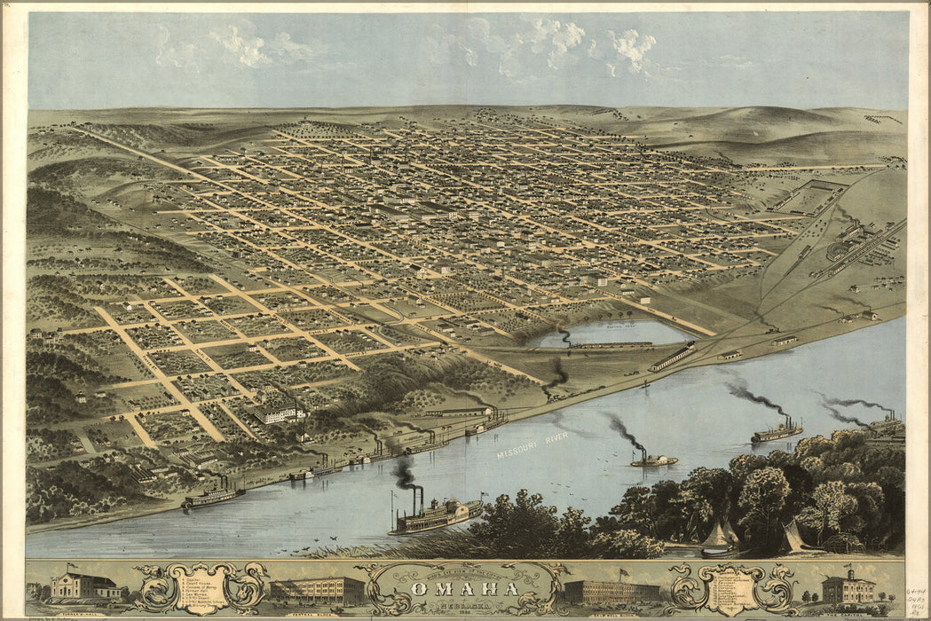 24"x36" Gallery Poster, birdseye view map of Omaha, Nebraska 1868