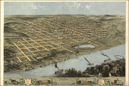 24"x36" Gallery Poster, birdseye view map of Omaha, Nebraska 1868